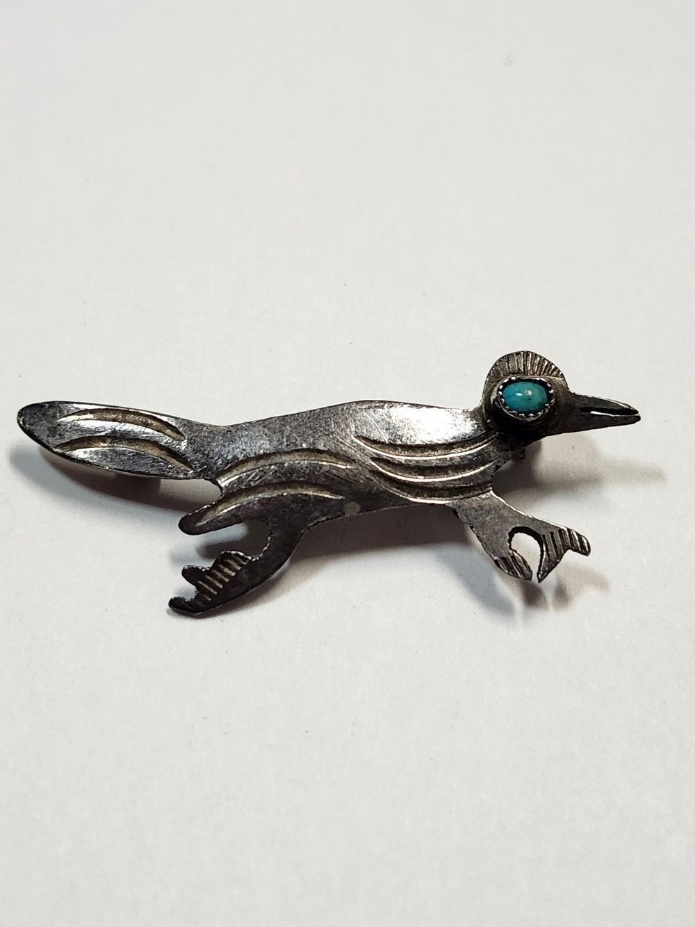 Sterling Silver Road Runner Pin Brooch with Turquoise Eye